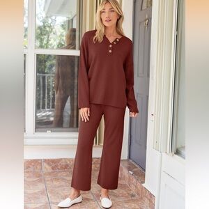 Rust Brick Knit Lounge oversized matching Set button flare stretch slouchy cozy